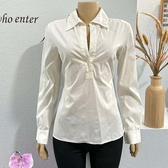 Theory Womens Marie Long Sleeve Blouse Top Sz M Medium Collar Cotton Blend Ivory - Picture 2 of 7